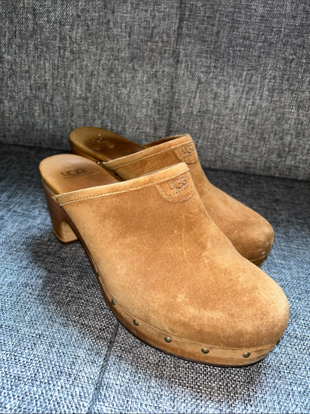 UGG Tan Suede Studded Clog Heels